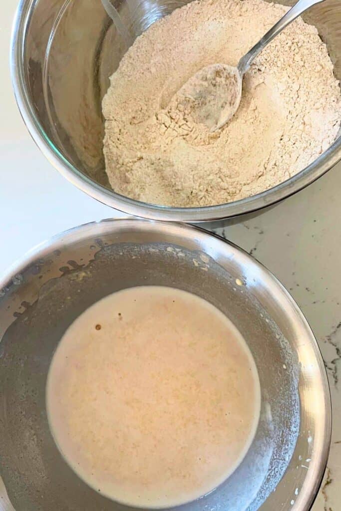 2 bowls, one with sponge, the other with flour blend.