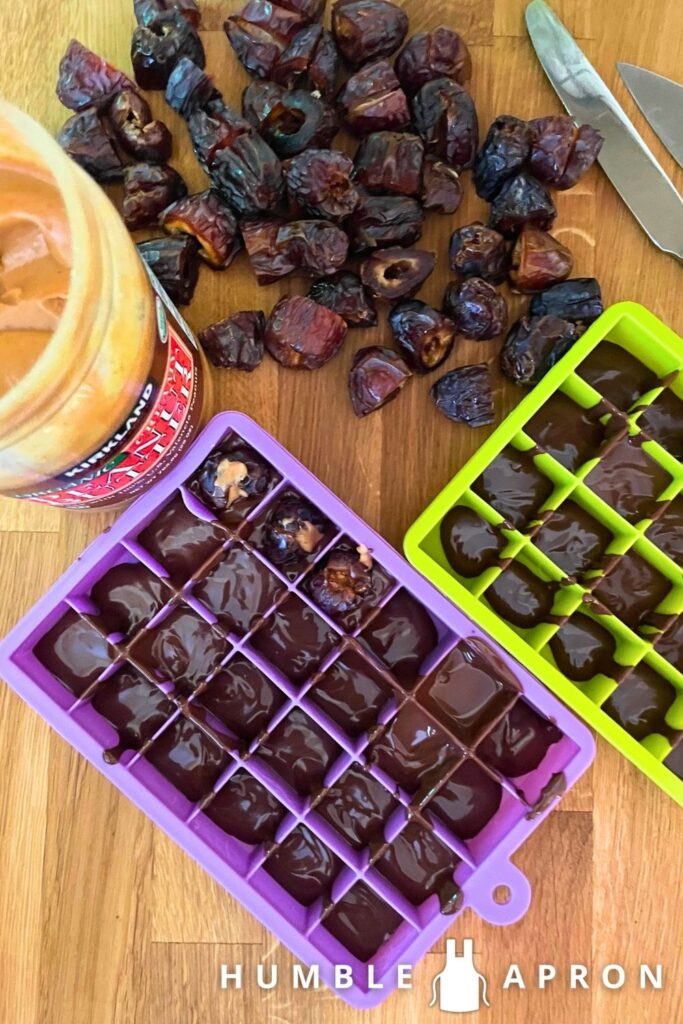 Peanut butter filled dates in chocolate.