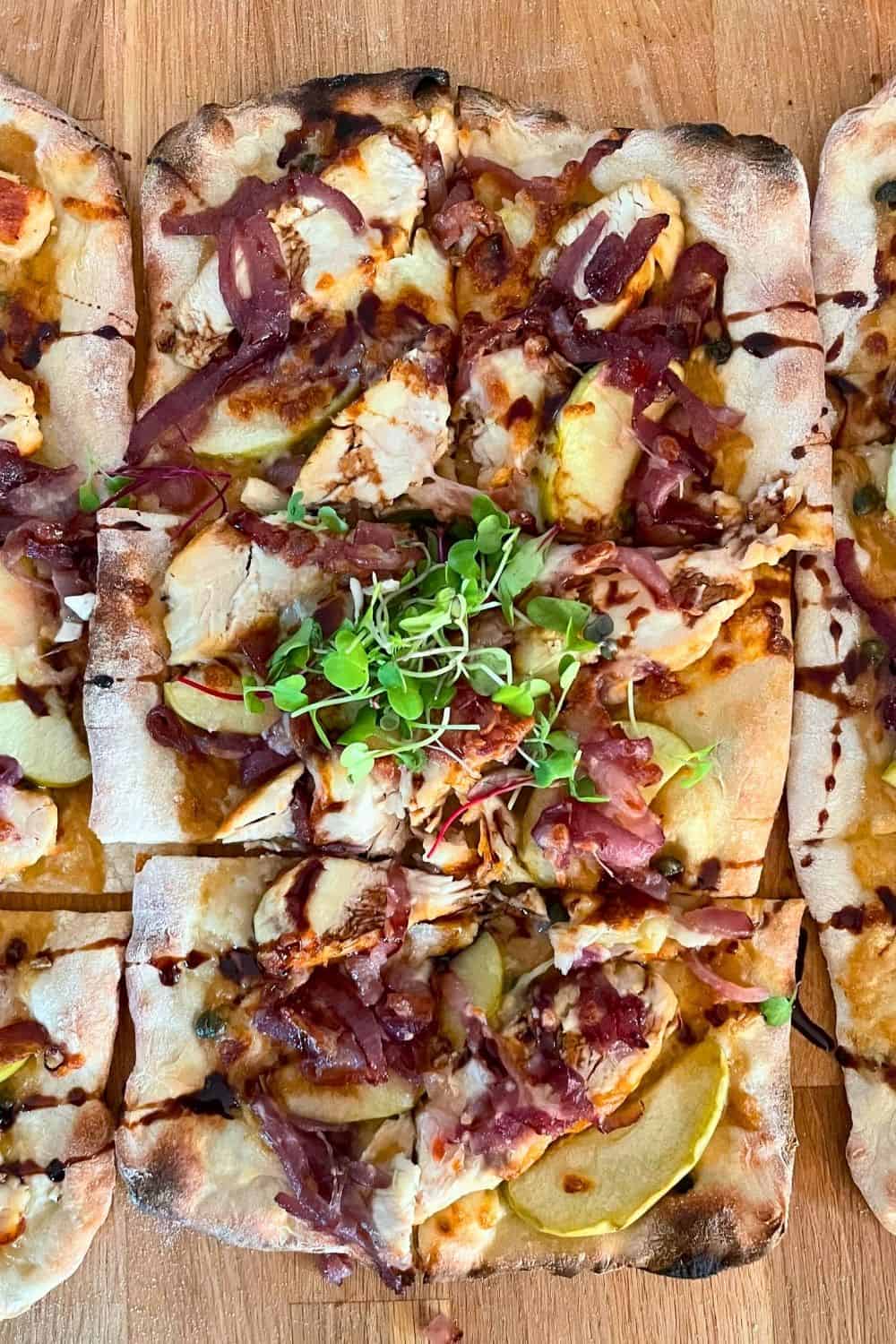 Chicken Flatbread Recipe with Balsamic Glaze, Apples, and Caramelized Onions