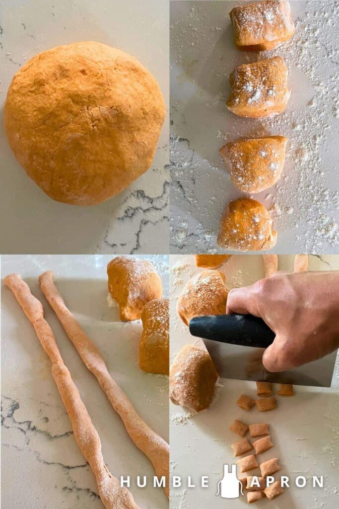 Sweet Potato Gnocchi dough being cut to shape