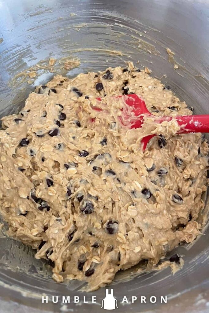Sourdough Discard Oatmeal Chocolate Chip Cookies in a mixing bowl before baking