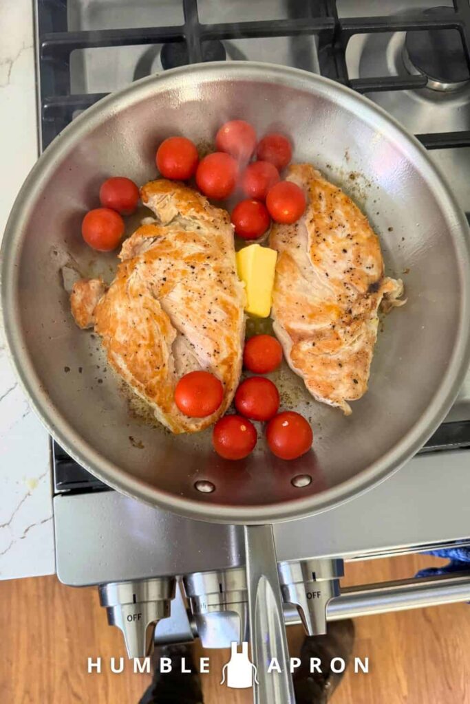 Tuscan Chicken with fresh tomatoes - add tomatoes and butter