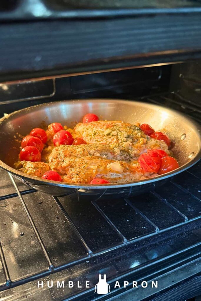one pan Tuscan Chicken with fresh tomatoes - in the oven