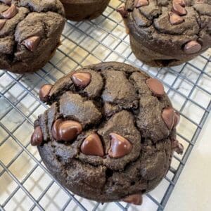 A close-up of chocolate muffins with chocolate chips on top, cooling on a metal wire rack.